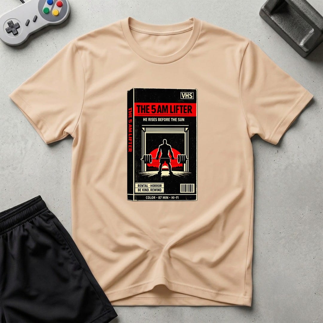DreamMaker mockup — 5AM Lifter T-Shirt (natural)