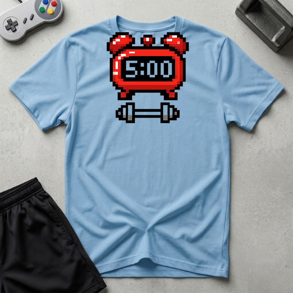 DreamMaker mockup — 5 AM Workout Alarm T-Shirt (light-blue)