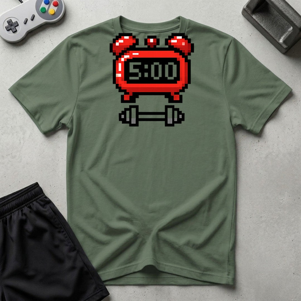 DreamMaker mockup — 5 AM Workout Alarm T-Shirt (military-green)