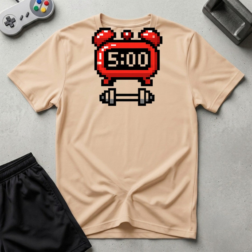 DreamMaker mockup — 5 AM Workout Alarm T-Shirt (natural)