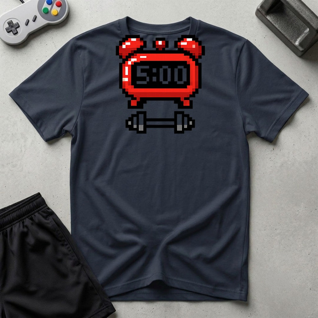 DreamMaker mockup — 5 AM Workout Alarm T-Shirt (navy)