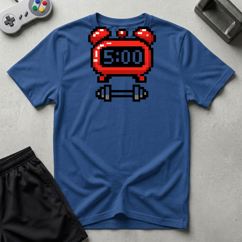 DreamMaker mockup — 5 AM Workout Alarm T-Shirt (royal)