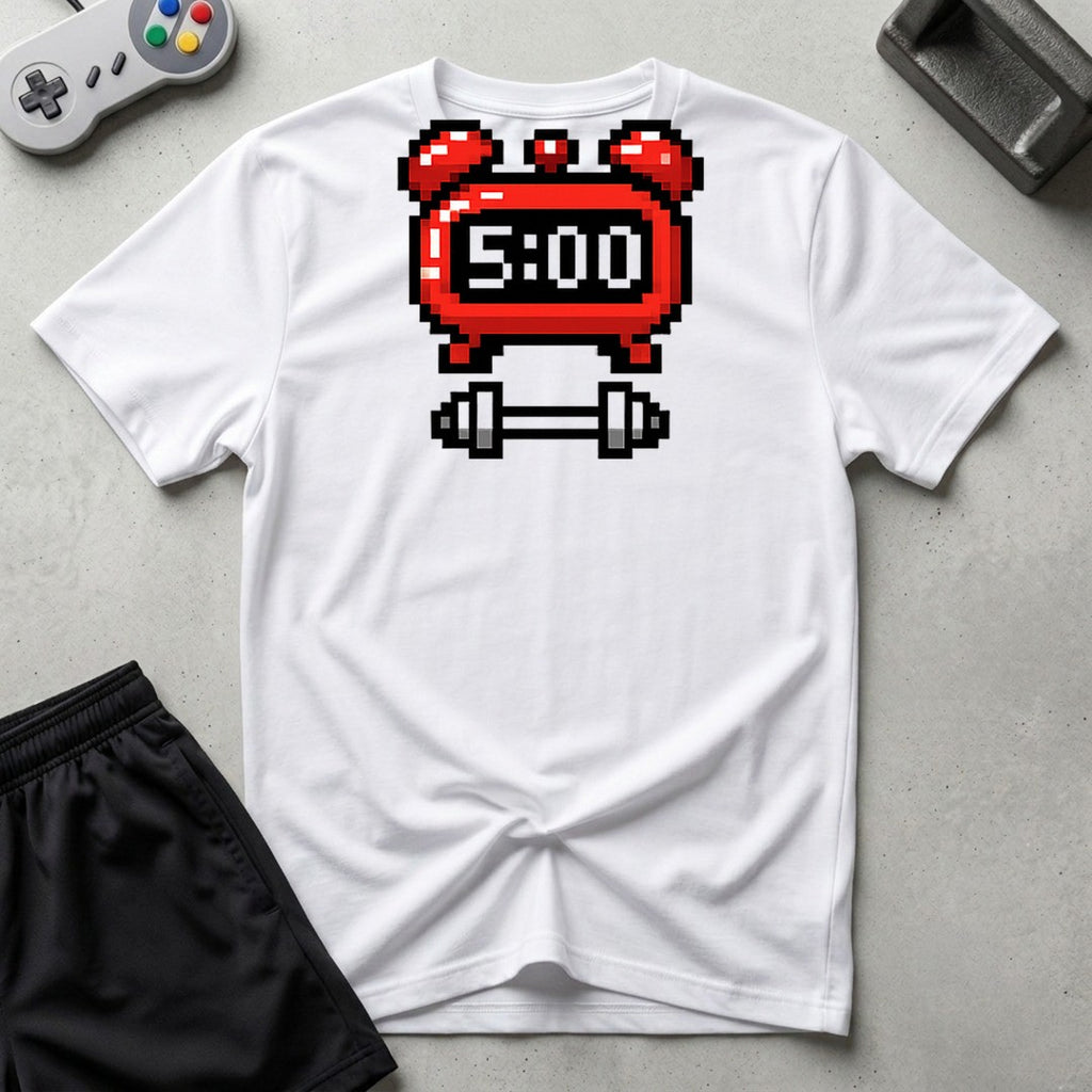 DreamMaker mockup — 5 AM Workout Alarm T-Shirt (white)