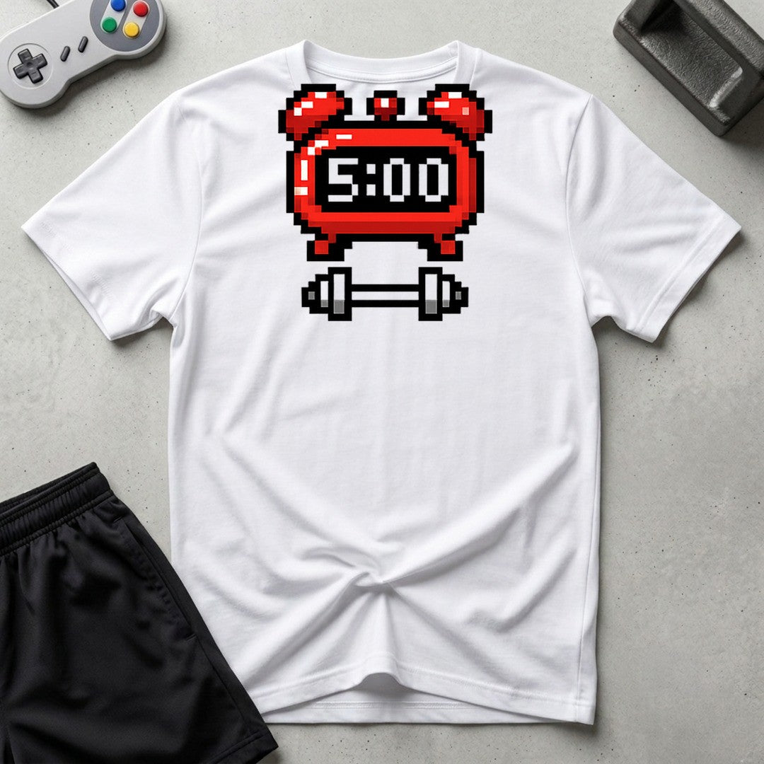 DreamMaker mockup — 5 AM Workout Alarm T-Shirt (white)