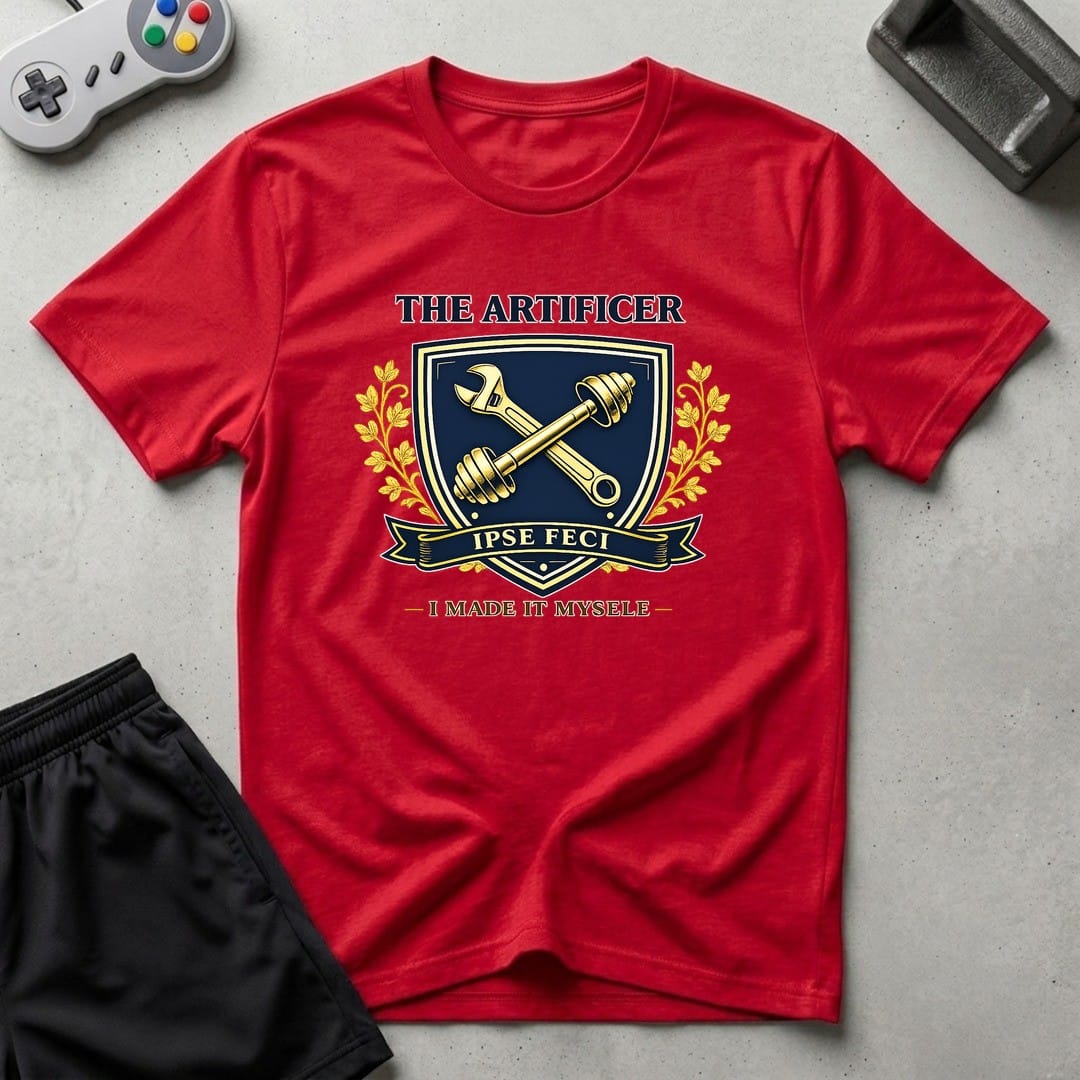 DreamMaker mockup — Artificer Crest T-Shirt (red)