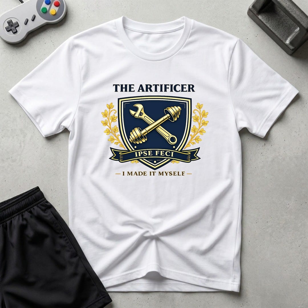 DreamMaker mockup — Artificer Crest T-Shirt (white)