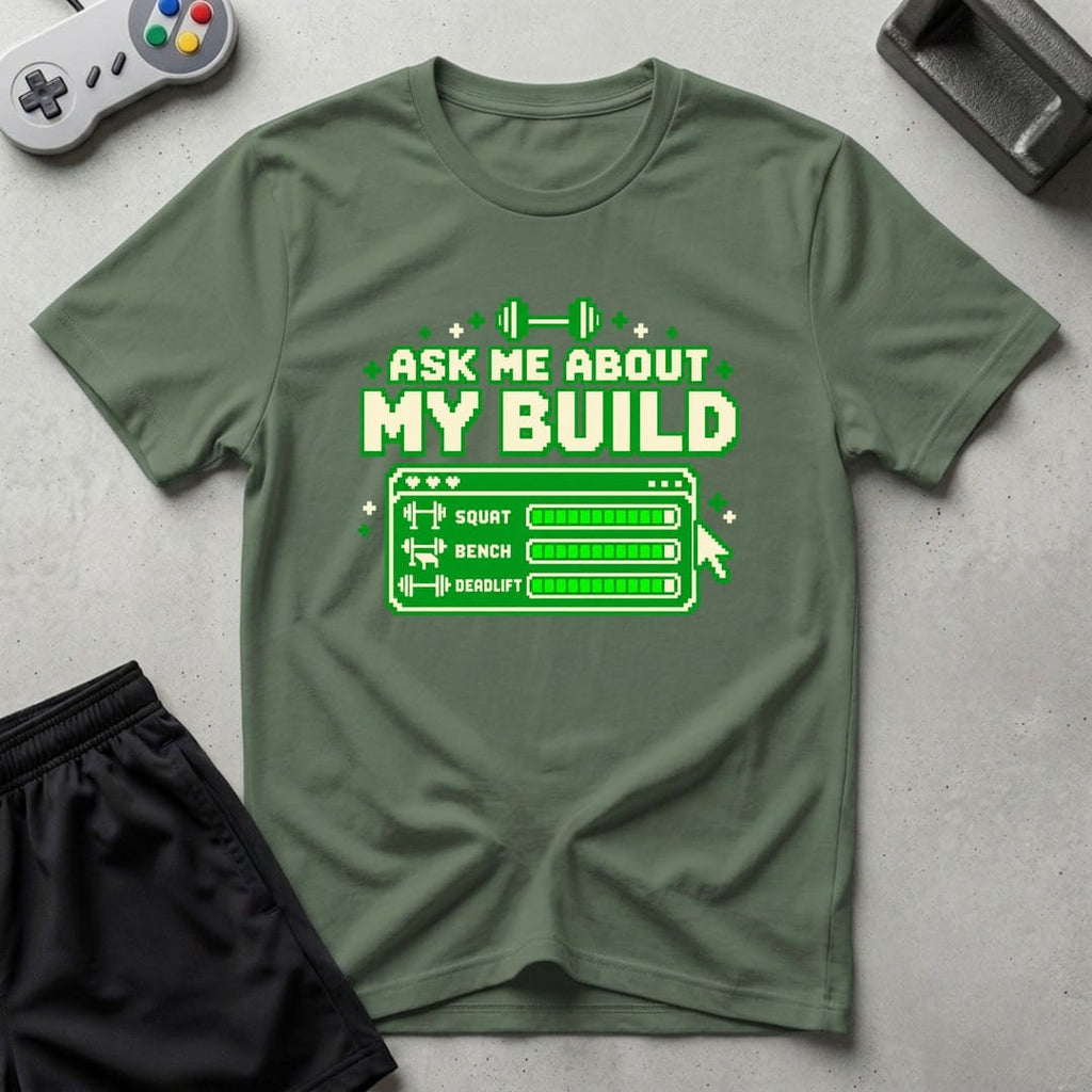 DreamMaker mockup — Ask About Build T-Shirt (military-green)