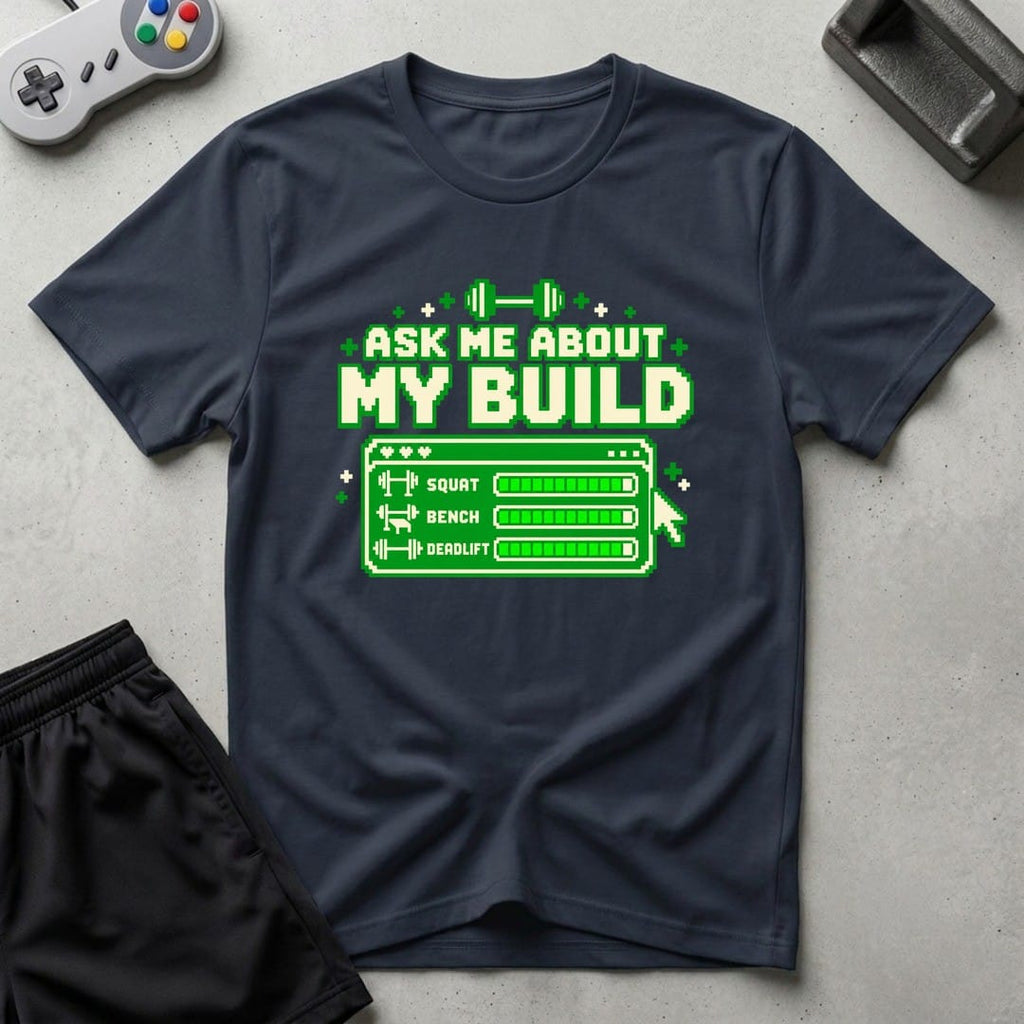 DreamMaker mockup — Ask About Build T-Shirt (navy)