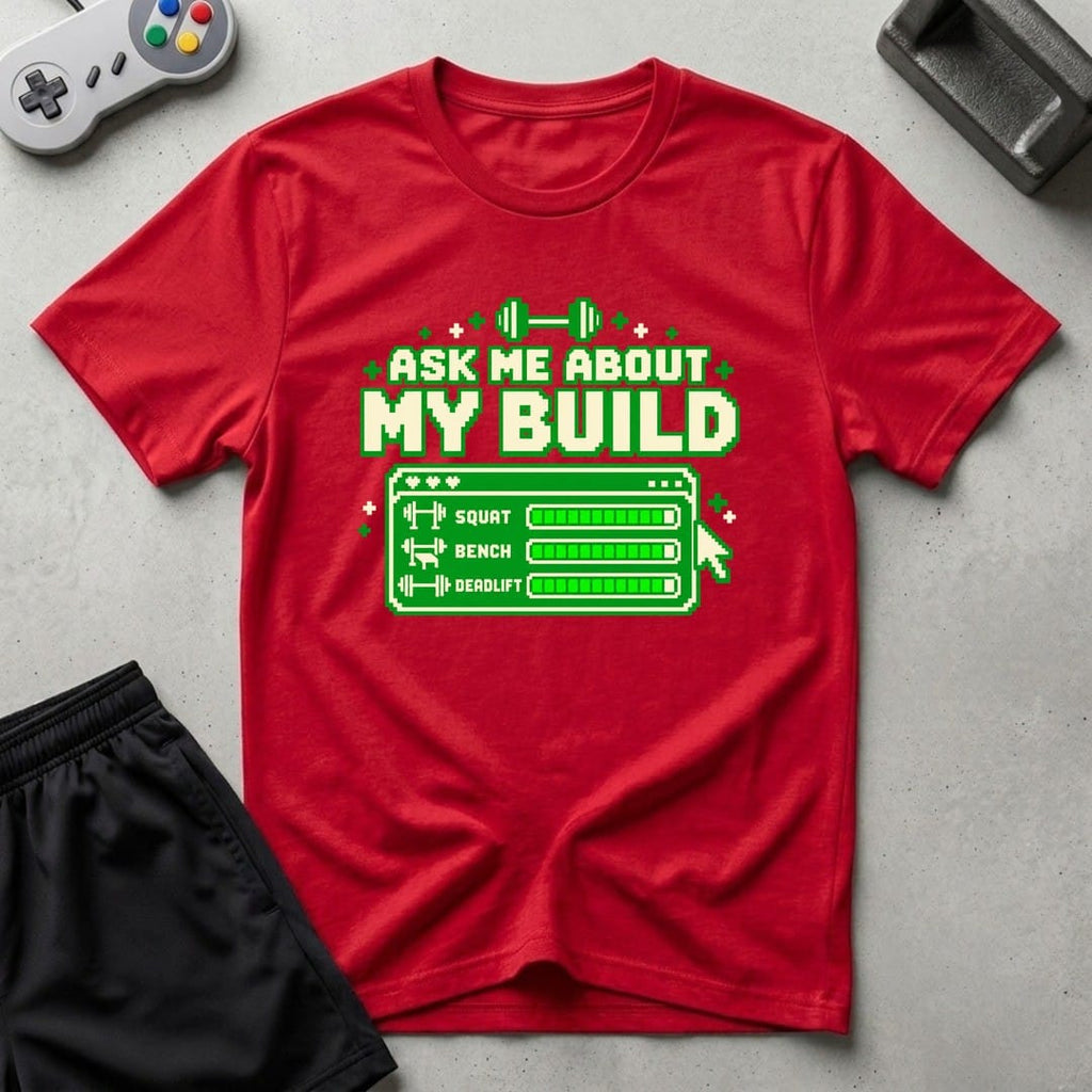 DreamMaker mockup — Ask About Build T-Shirt (red)