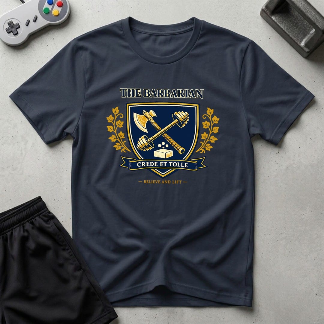 DreamMaker mockup — Barbarian Crest T-Shirt (navy)