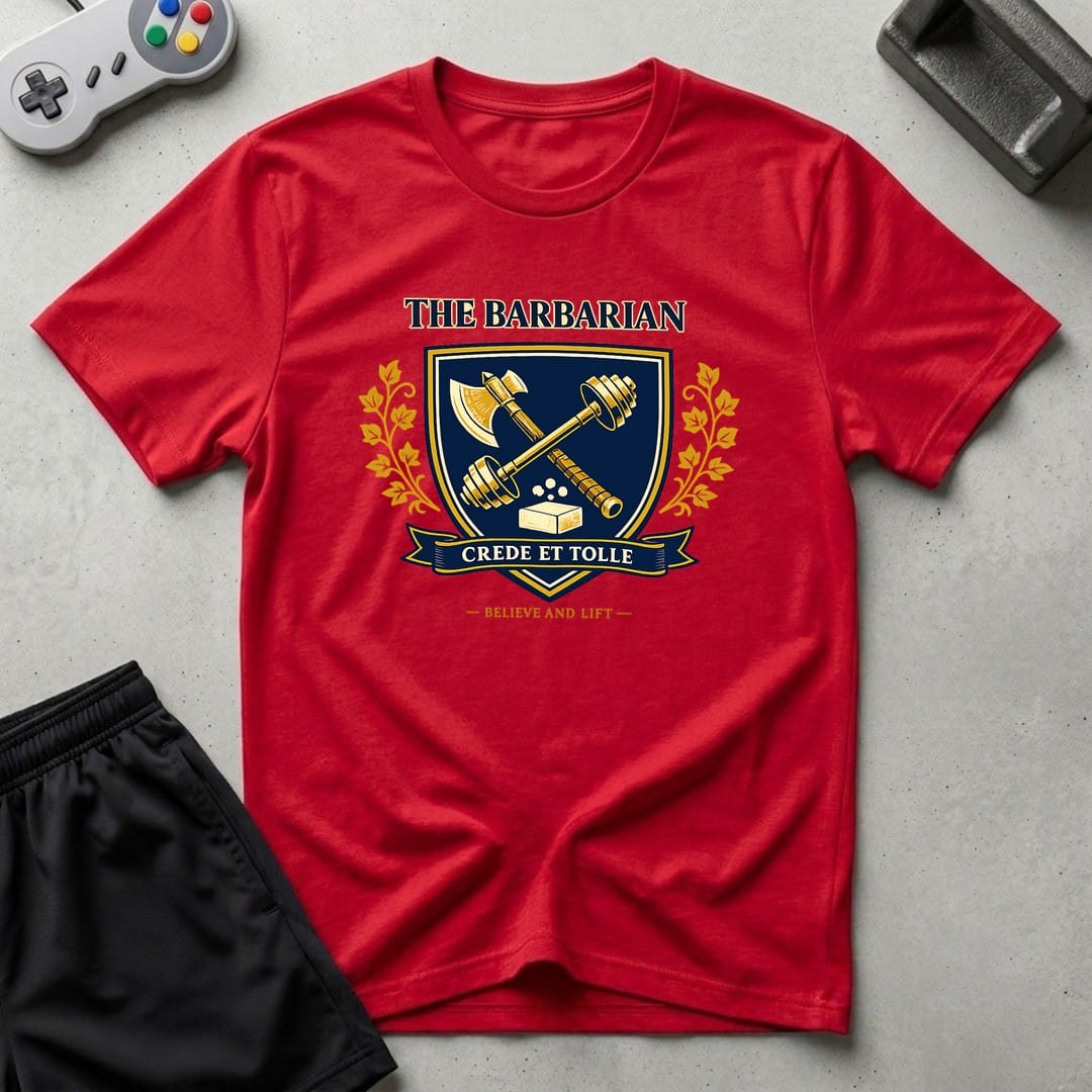 DreamMaker mockup — Barbarian Crest T-Shirt (red)