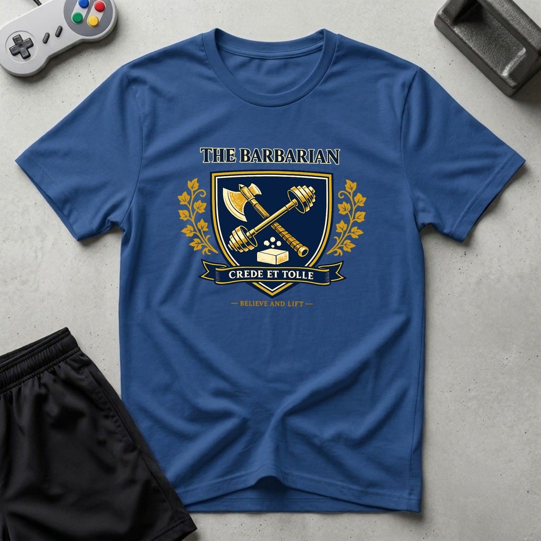 DreamMaker mockup — Barbarian Crest T-Shirt (royal)