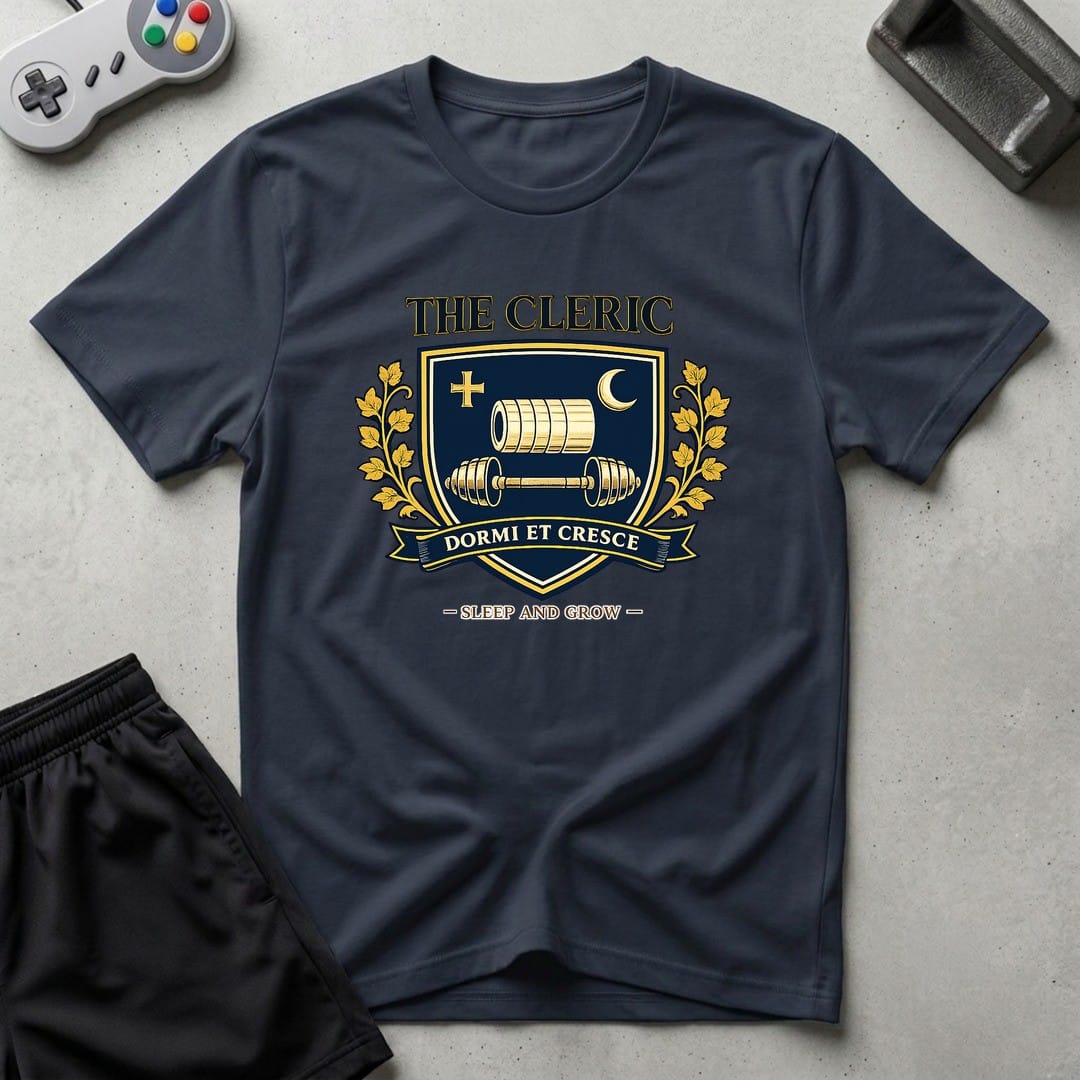 DreamMaker mockup — Cleric Crest T-Shirt (navy)