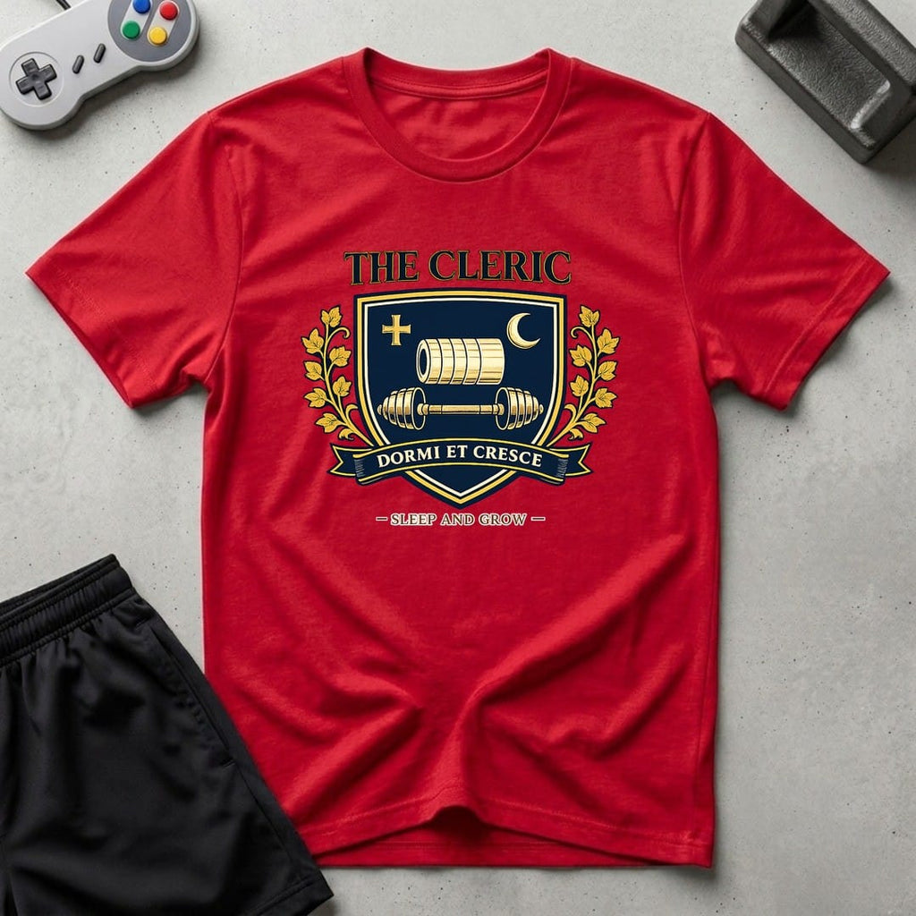 DreamMaker mockup — Cleric Crest T-Shirt (red)