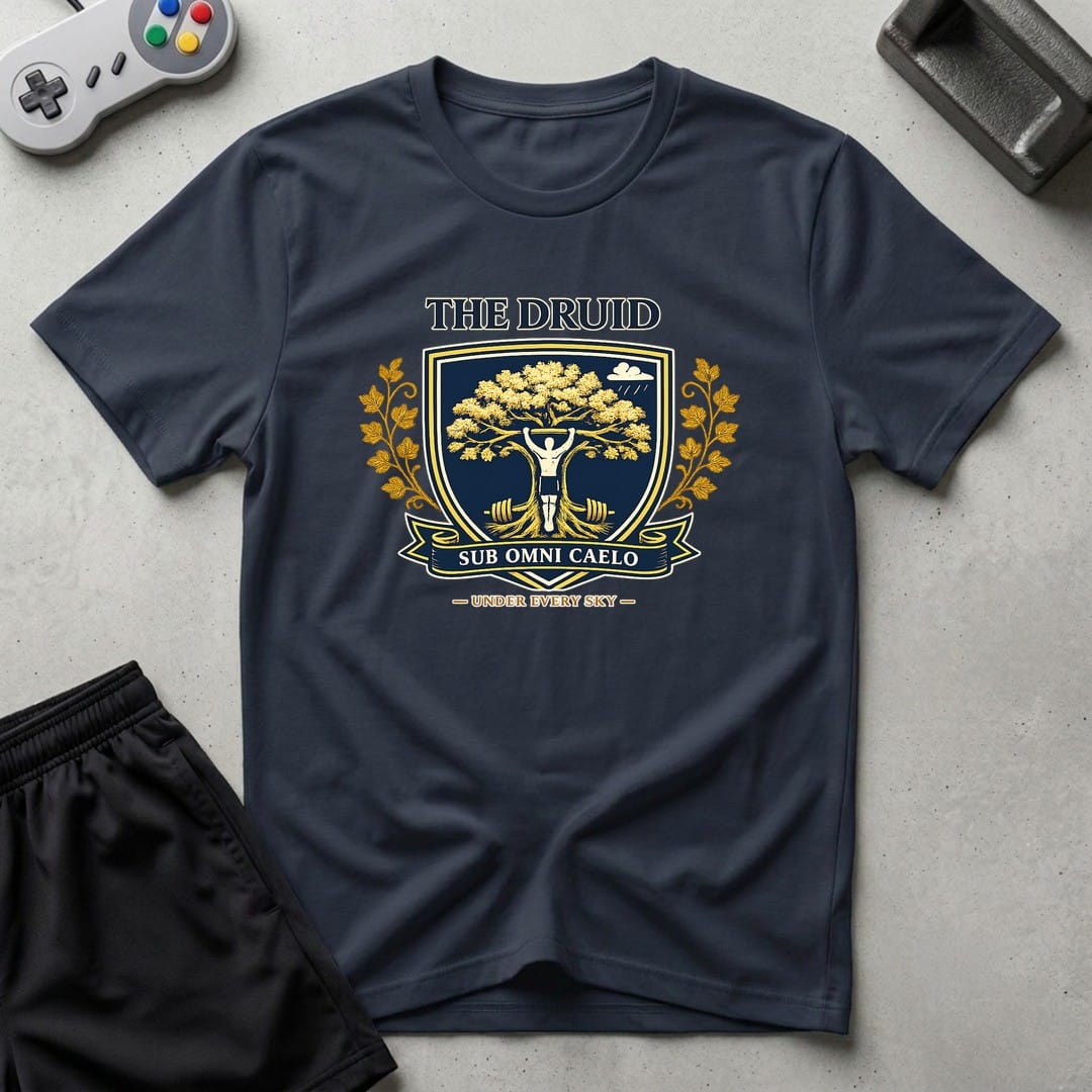 DreamMaker mockup — Druid Crest T-Shirt (navy)