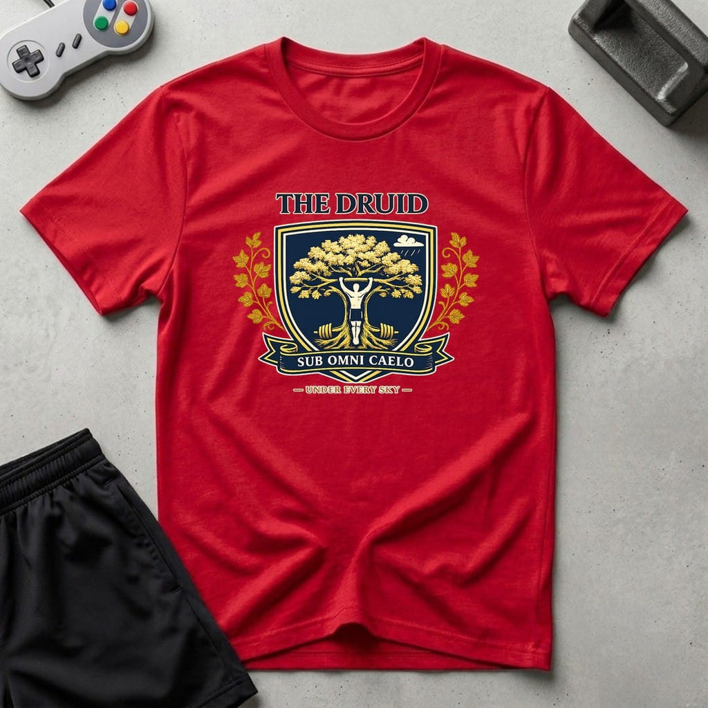 DreamMaker mockup — Druid Crest T-Shirt (red)