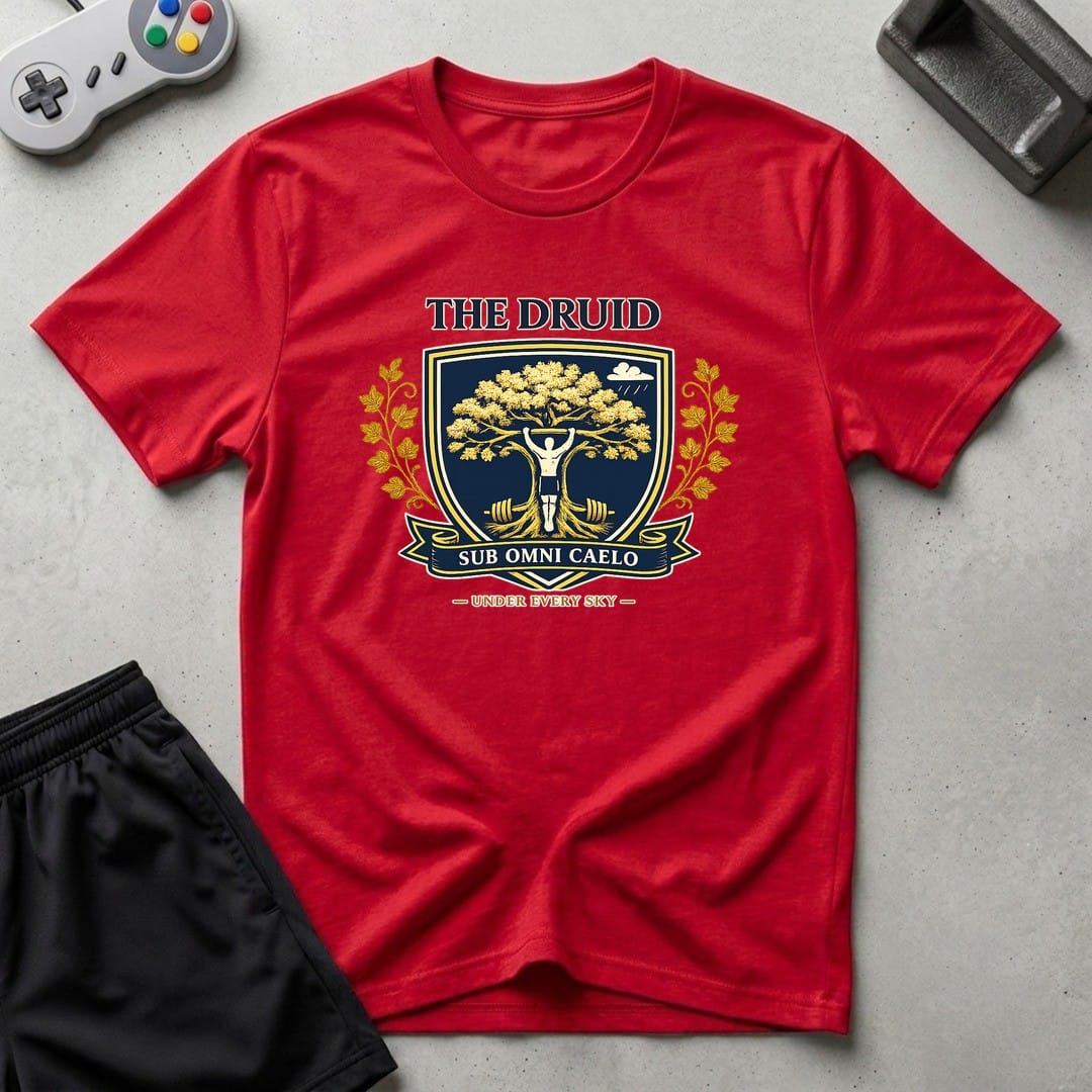 DreamMaker mockup — Druid Crest T-Shirt (red)