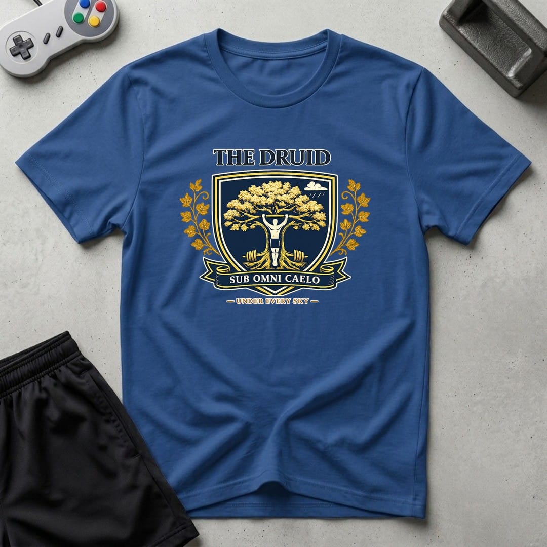 DreamMaker mockup — Druid Crest T-Shirt (royal)