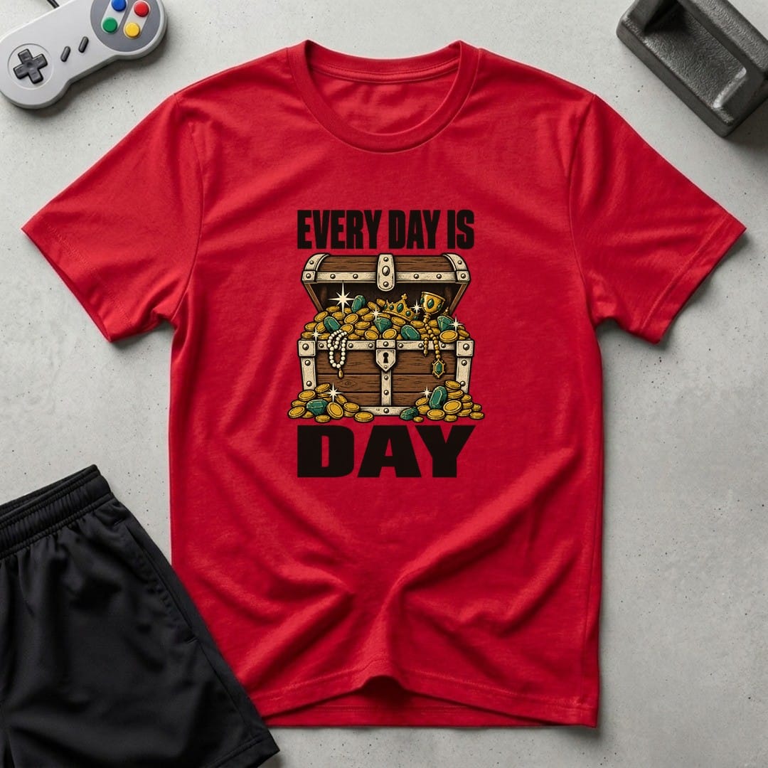 DreamMaker mockup — Everyday Chest Day T-Shirt (red)