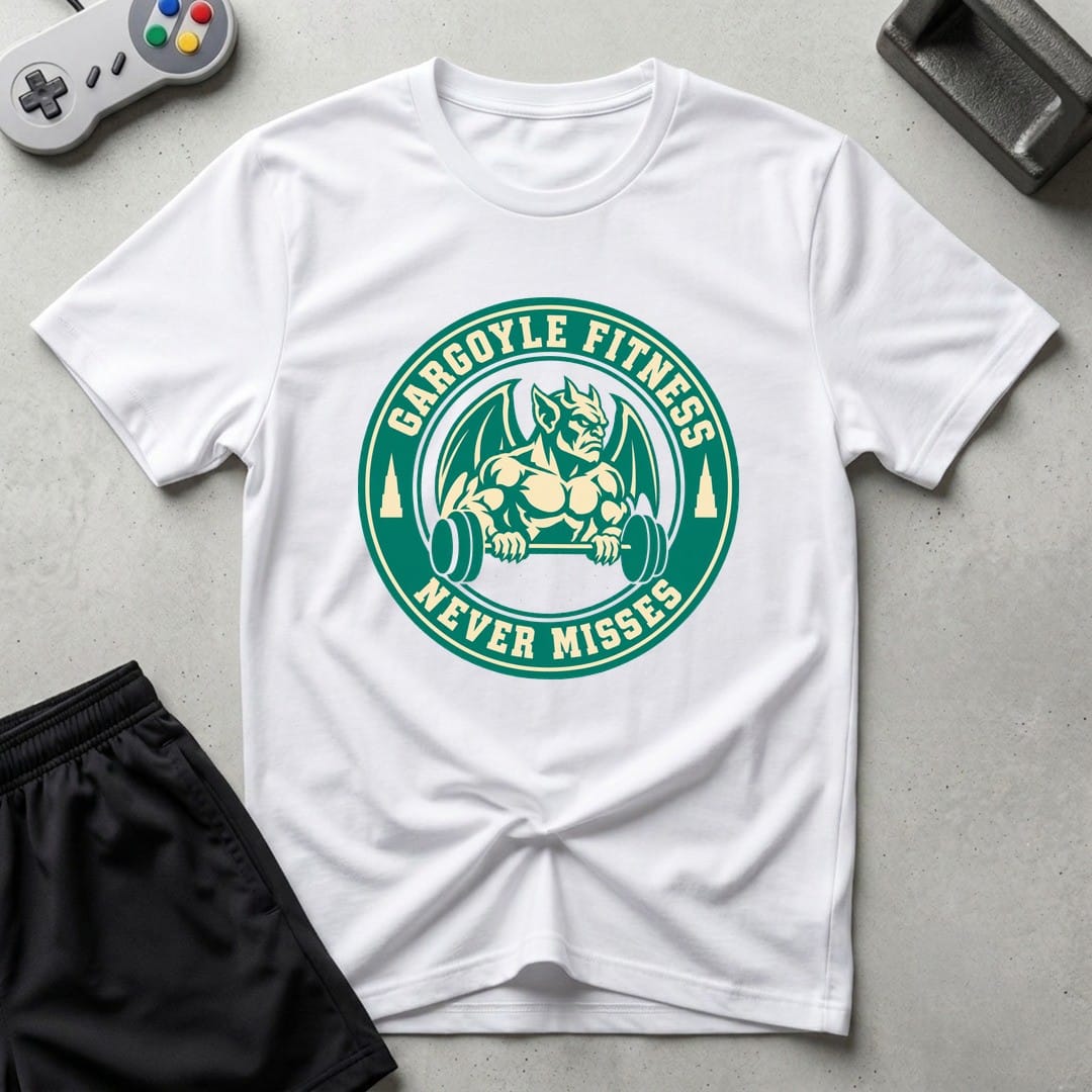 DreamMaker mockup — Gargoyle Fitness T-Shirt (white)