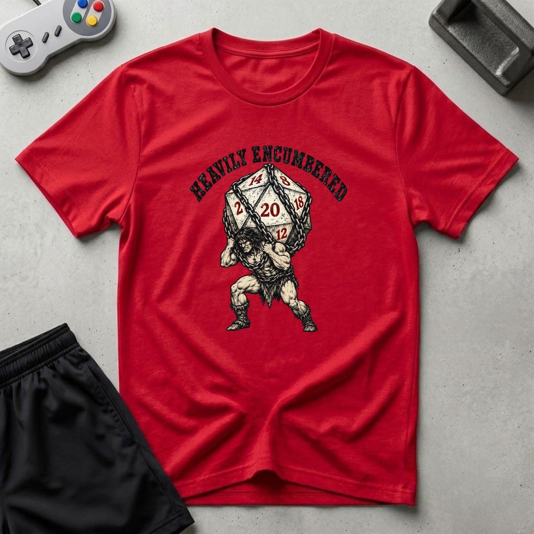 DreamMaker mockup — Heavily Encumbered T-Shirt (red)