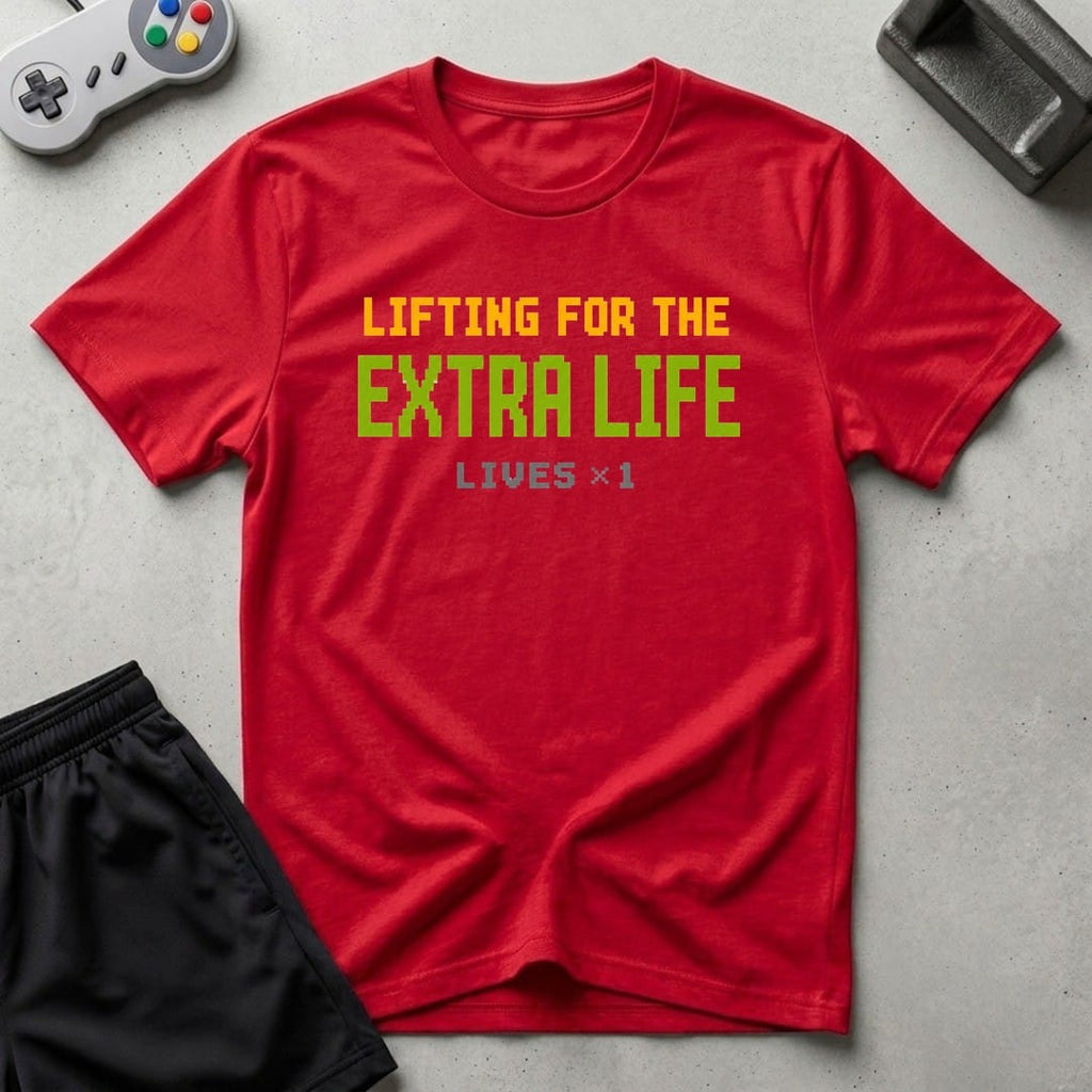 DreamMaker mockup — Lifting For Extra Life T-Shirt (red)