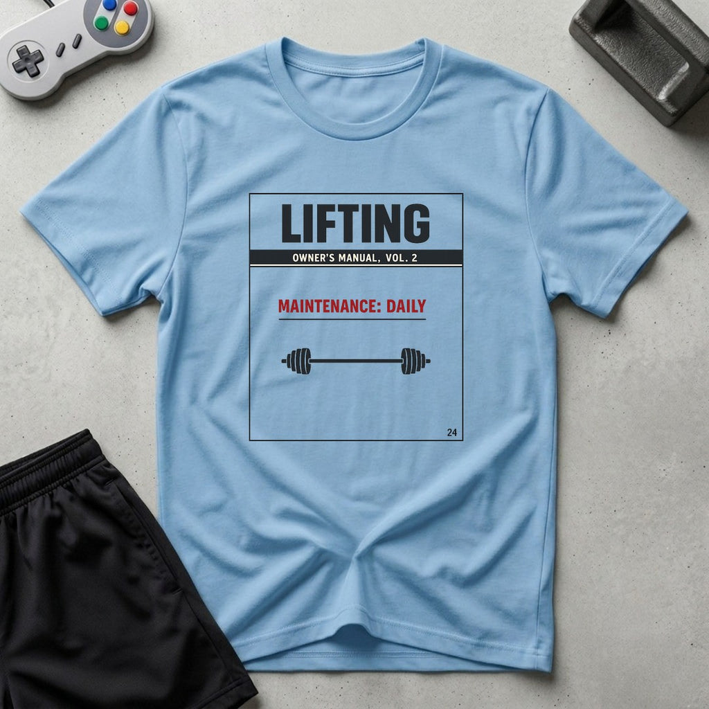 DreamMaker mockup — Lifting Owners Manual T-Shirt (light-blue)