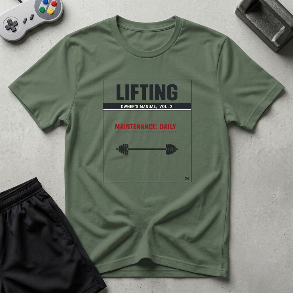 DreamMaker mockup — Lifting Owners Manual T-Shirt (military-green)