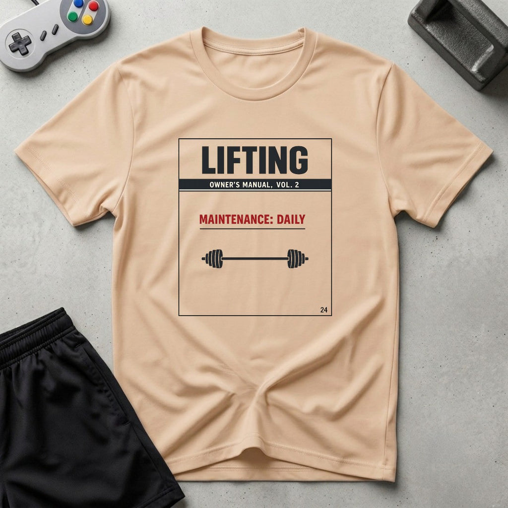 DreamMaker mockup — Lifting Owners Manual T-Shirt (natural)