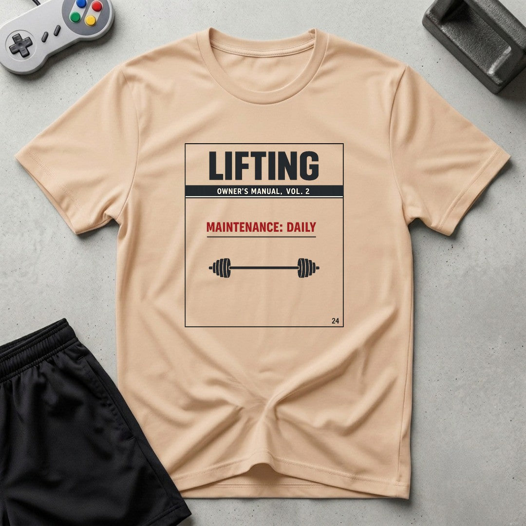 DreamMaker mockup — Lifting Owners Manual T-Shirt (natural)