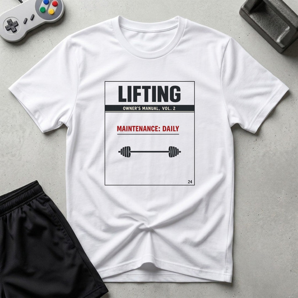 DreamMaker mockup — Lifting Owners Manual T-Shirt (white)