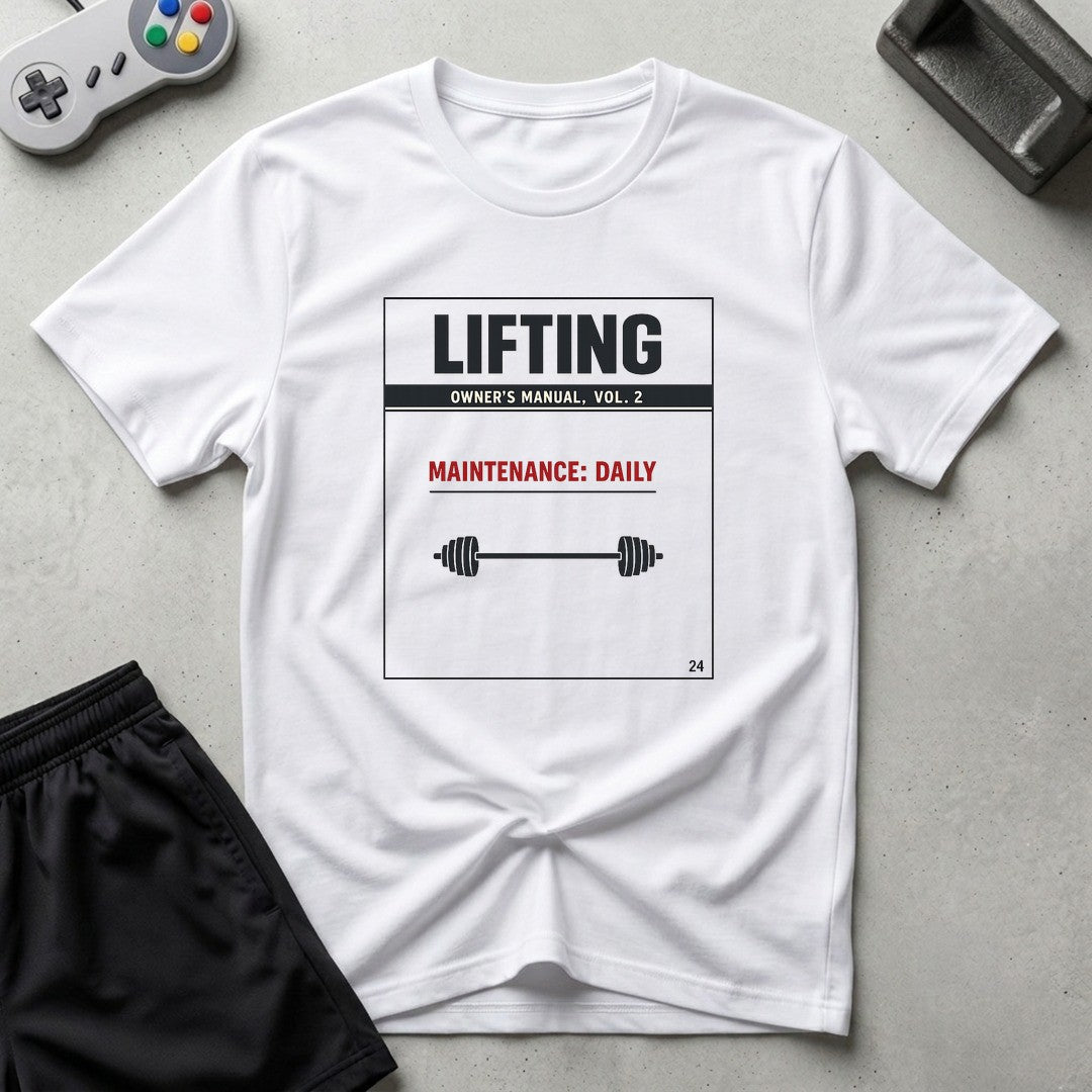 DreamMaker mockup — Lifting Owners Manual T-Shirt (white)