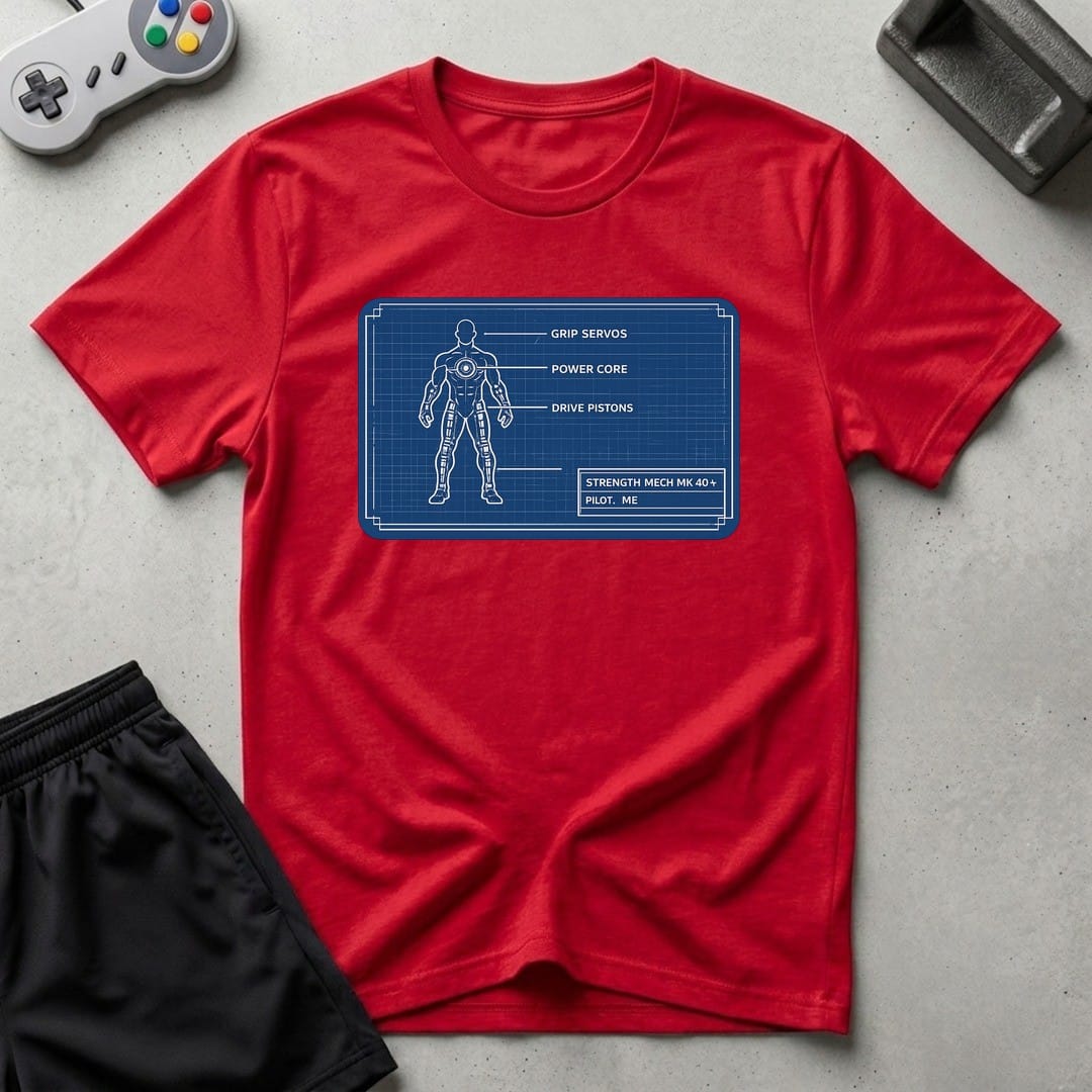DreamMaker mockup — Mech Schematics T-Shirt (red)
