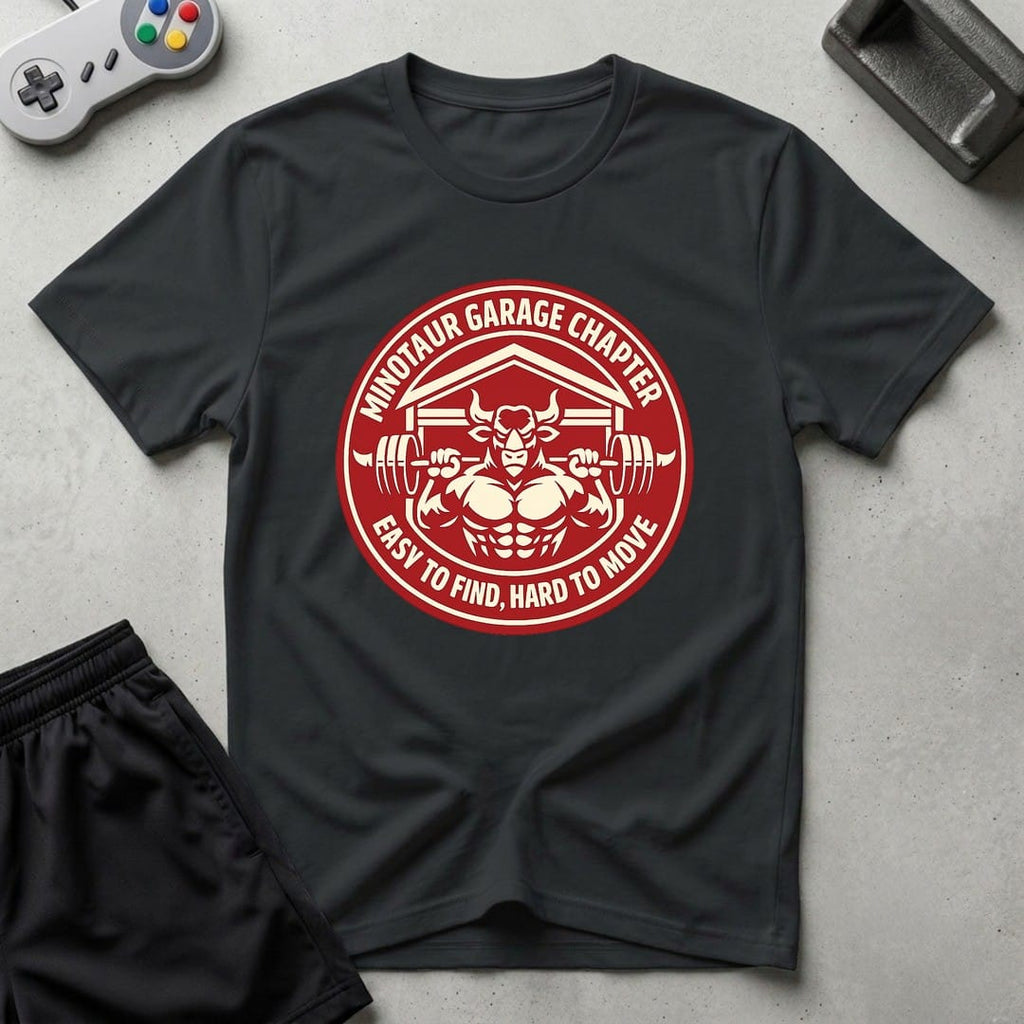 DreamMaker mockup — Minotaur Garage Chapter T-Shirt (black)