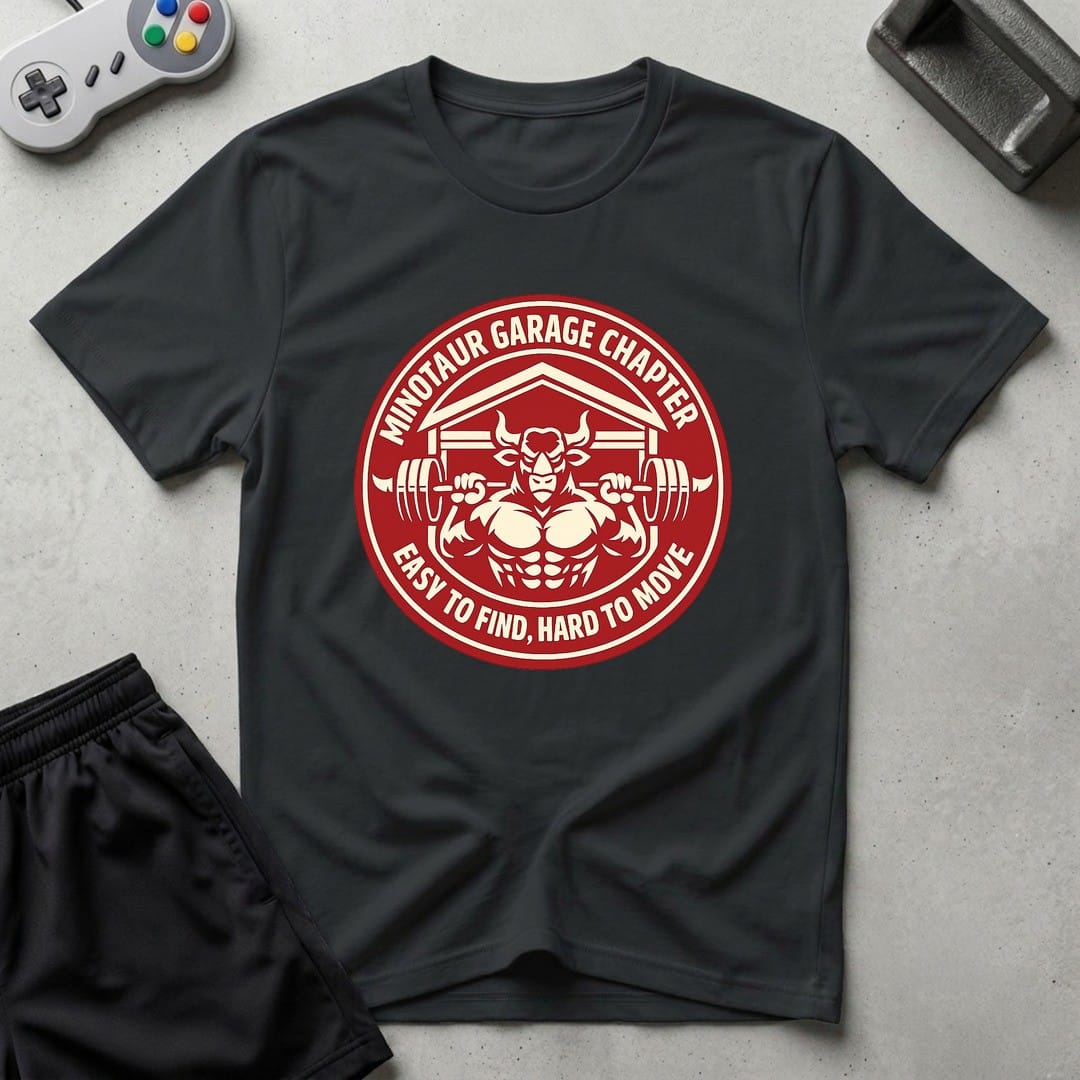 DreamMaker mockup — Minotaur Garage Chapter T-Shirt (black)