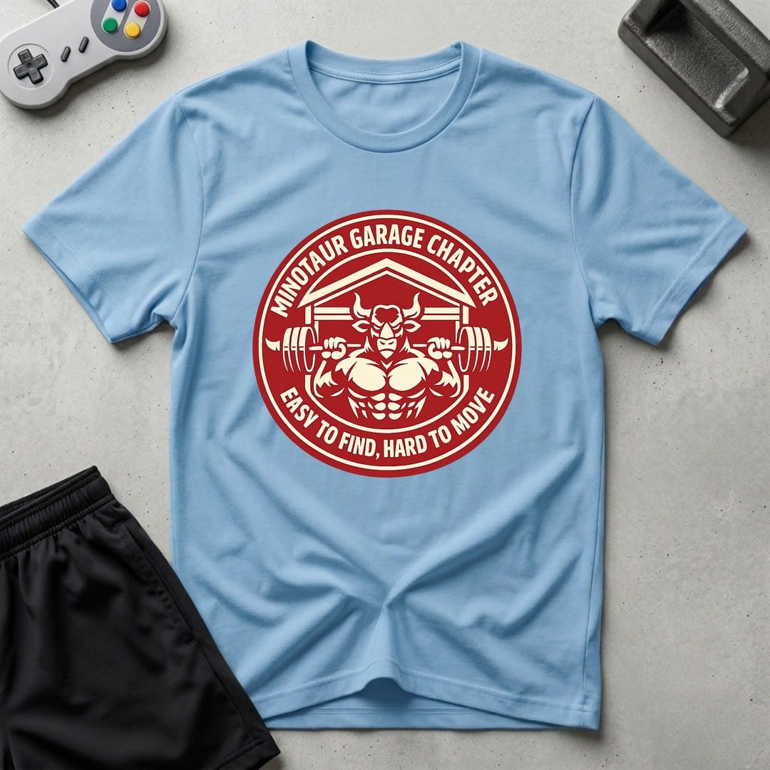 DreamMaker mockup — Minotaur Garage Chapter T-Shirt (light-blue)
