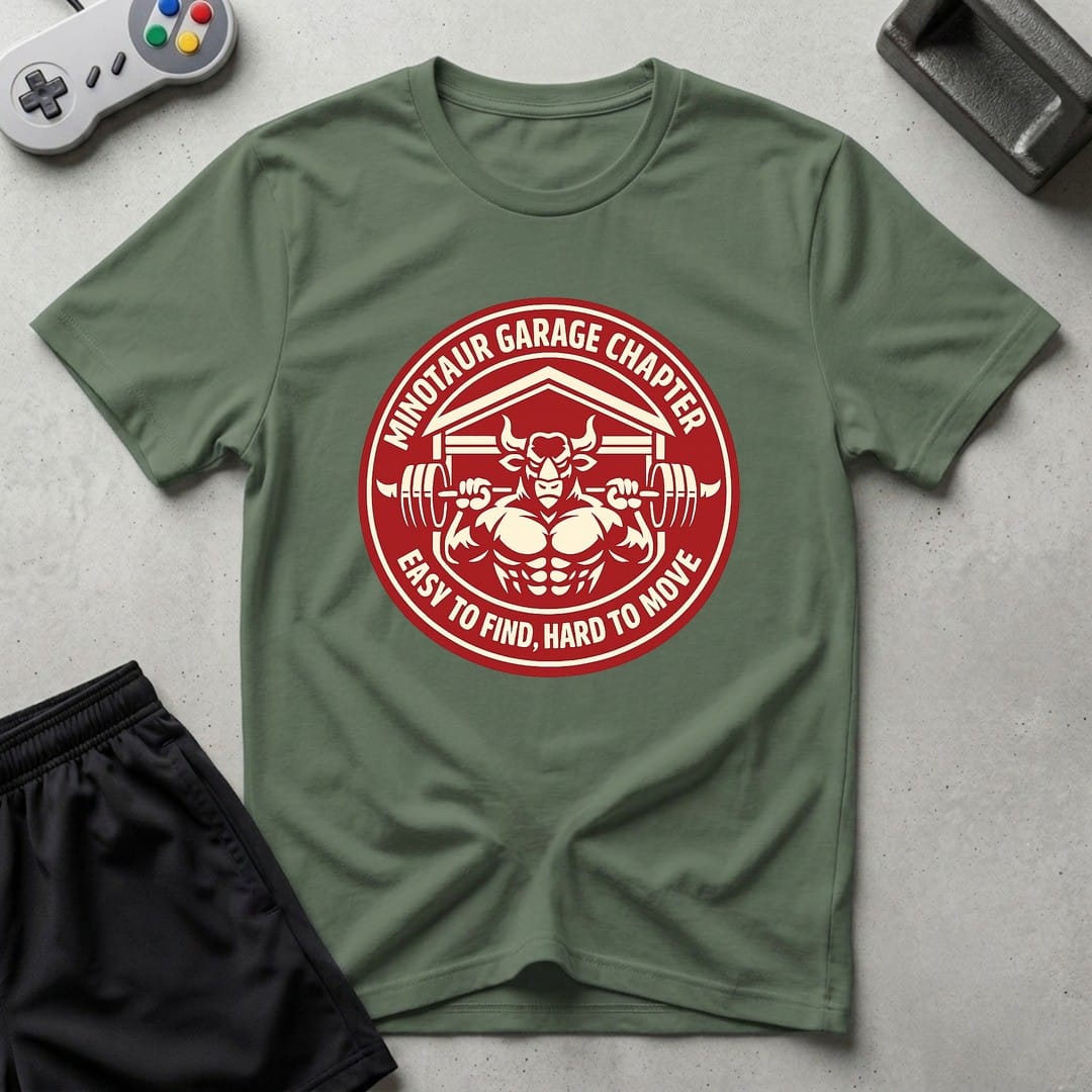 DreamMaker mockup — Minotaur Garage Chapter T-Shirt (military-green)