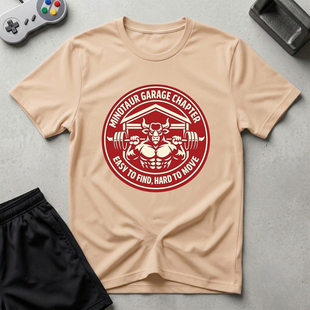 DreamMaker mockup — Minotaur Garage Chapter T-Shirt (natural)