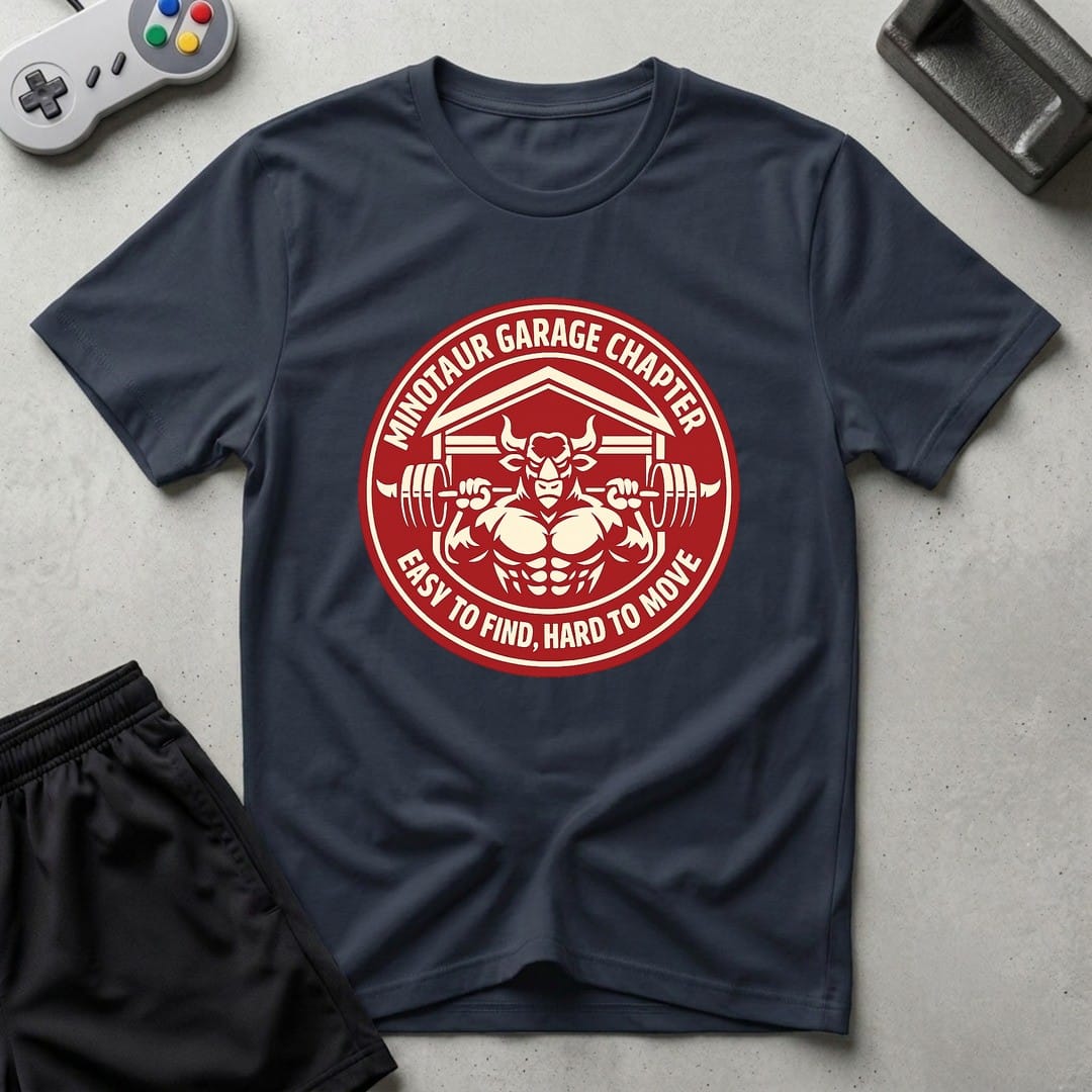DreamMaker mockup — Minotaur Garage Chapter T-Shirt (navy)