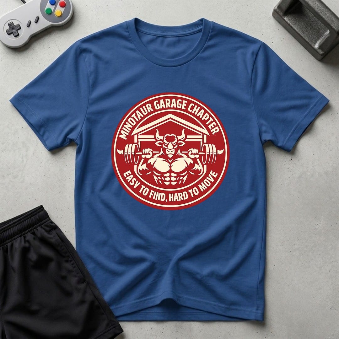DreamMaker mockup — Minotaur Garage Chapter T-Shirt (royal)