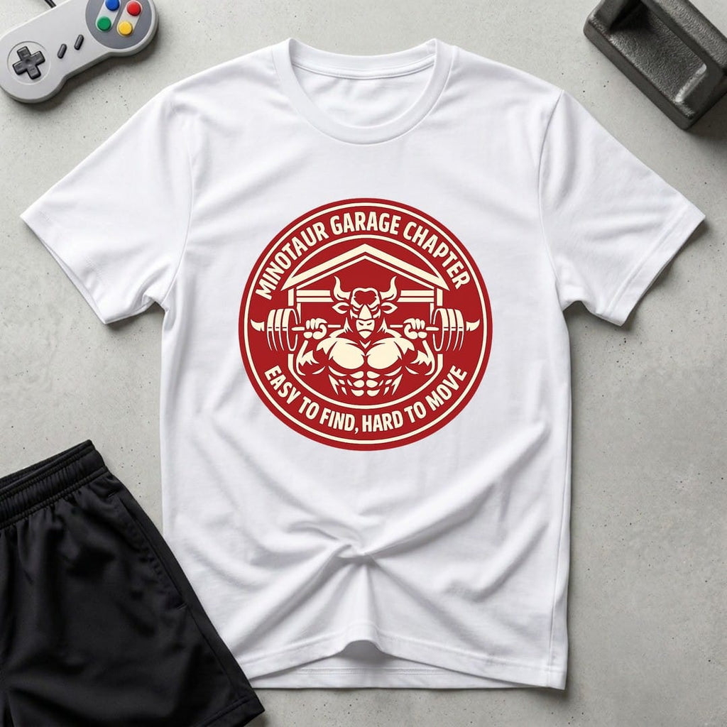 DreamMaker mockup — Minotaur Garage Chapter T-Shirt (white)