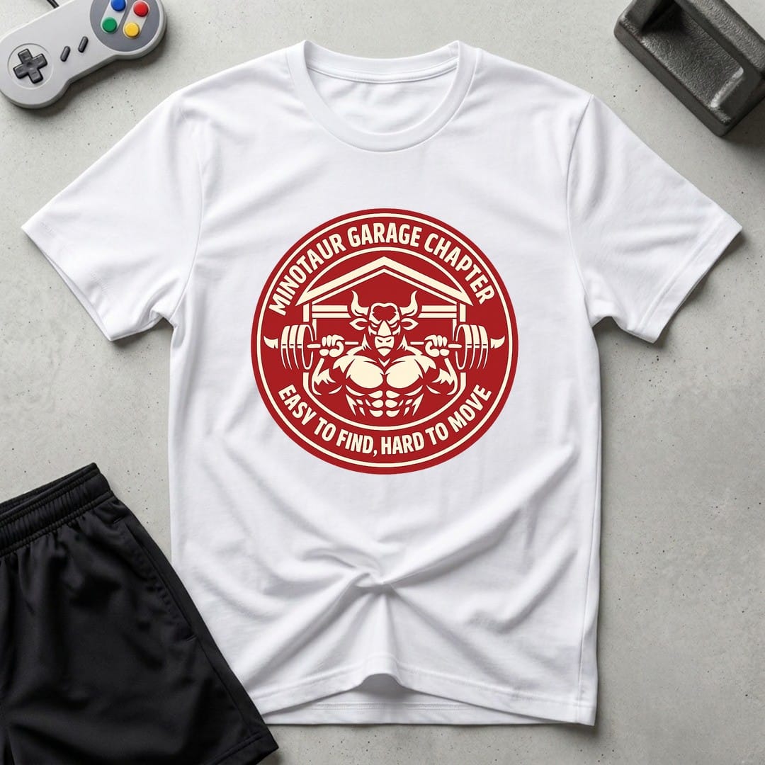 DreamMaker mockup — Minotaur Garage Chapter T-Shirt (white)