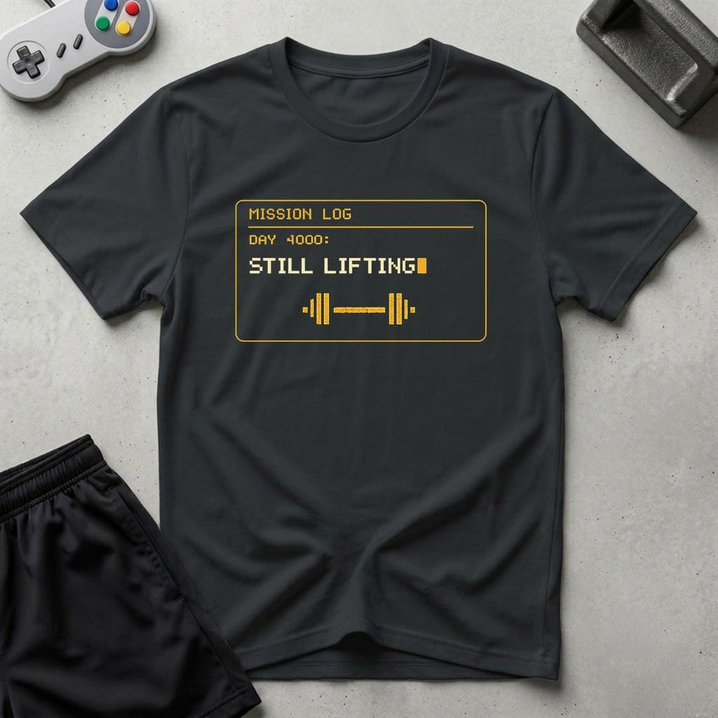 DreamMaker mockup — Mission Log Day 4000 T-Shirt (black)