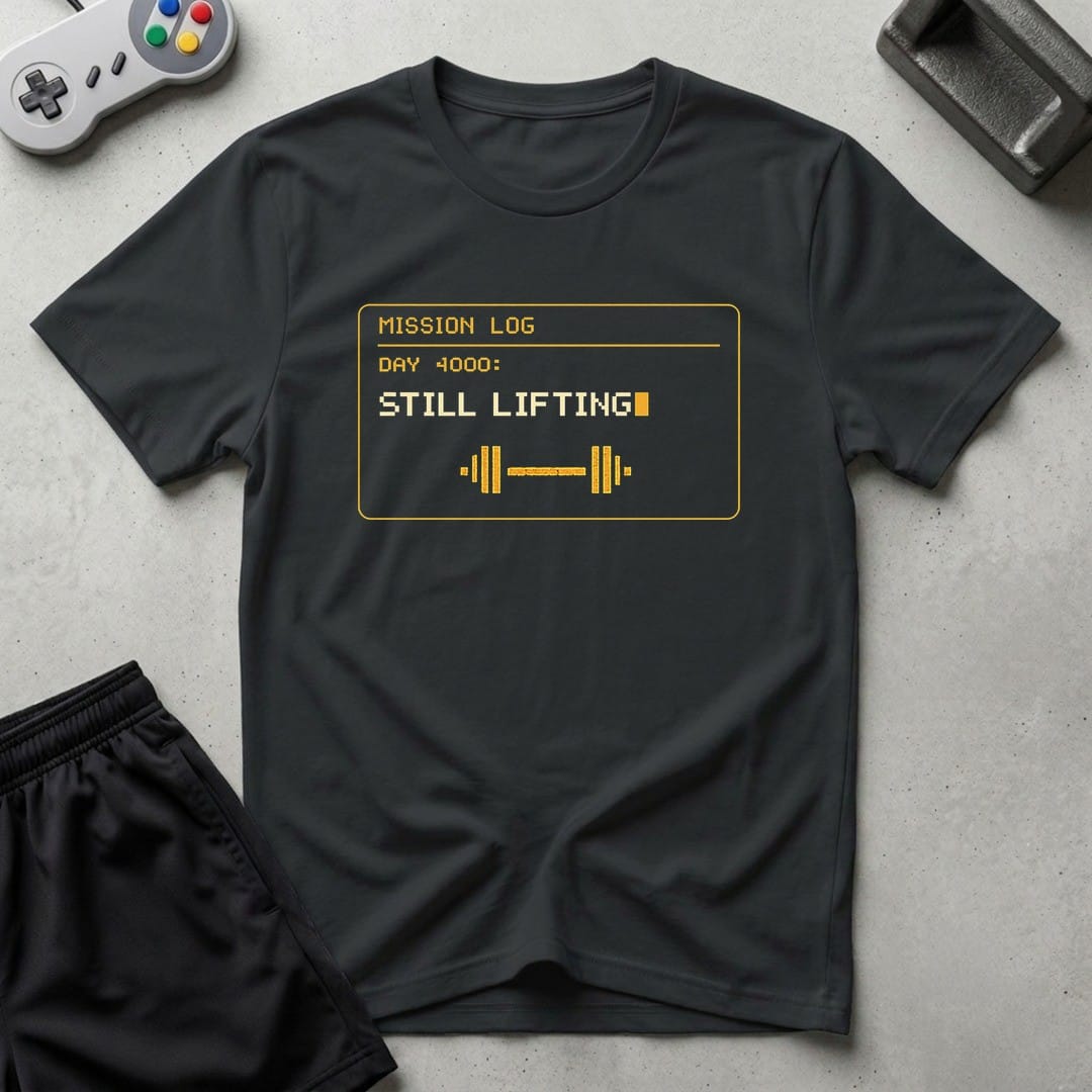 DreamMaker mockup — Mission Log Day 4000 T-Shirt (black)