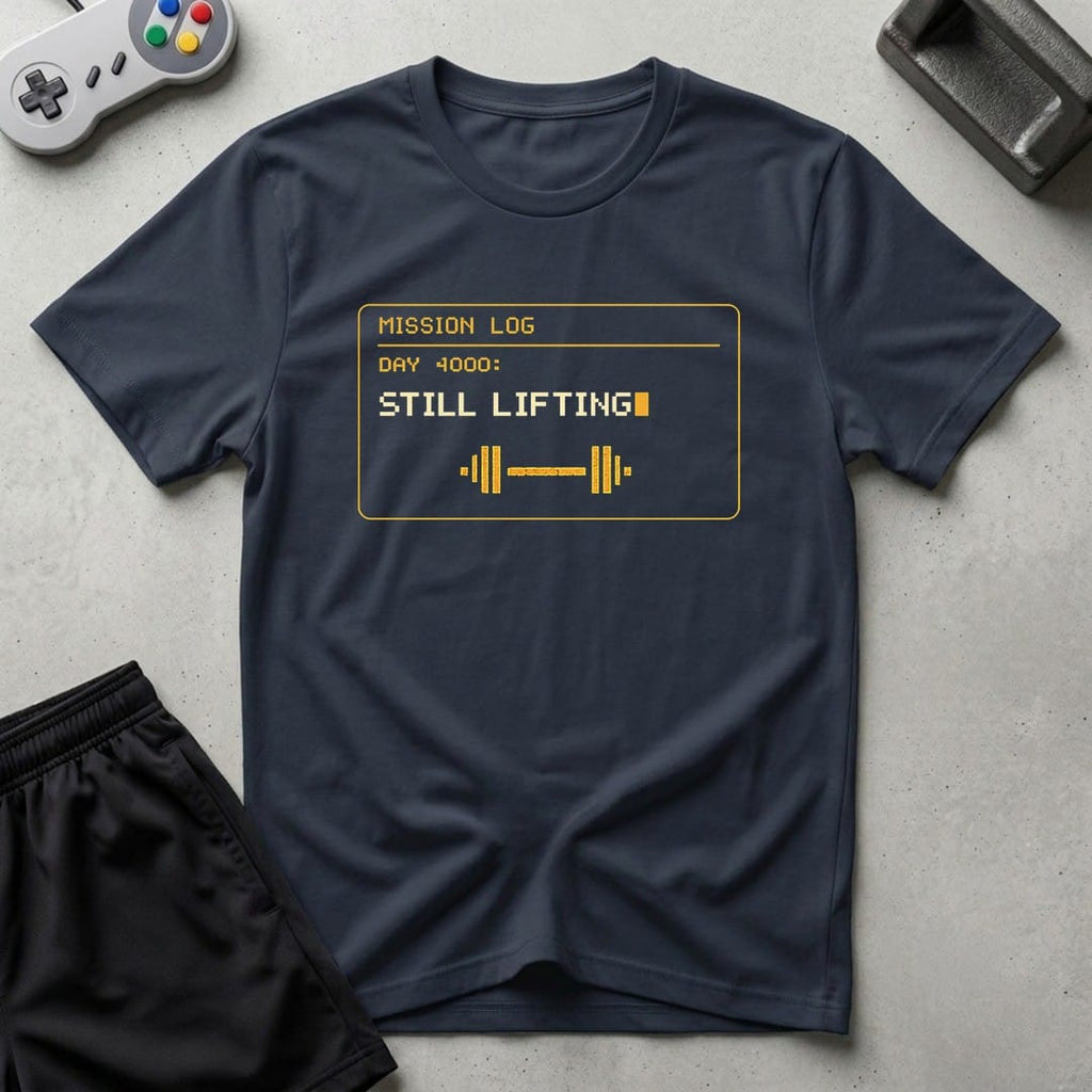 DreamMaker mockup — Mission Log Day 4000 T-Shirt (navy)