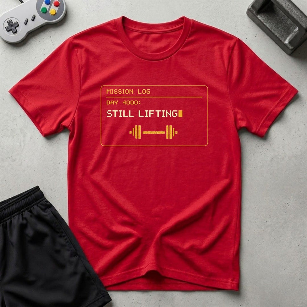 DreamMaker mockup — Mission Log Day 4000 T-Shirt (red)