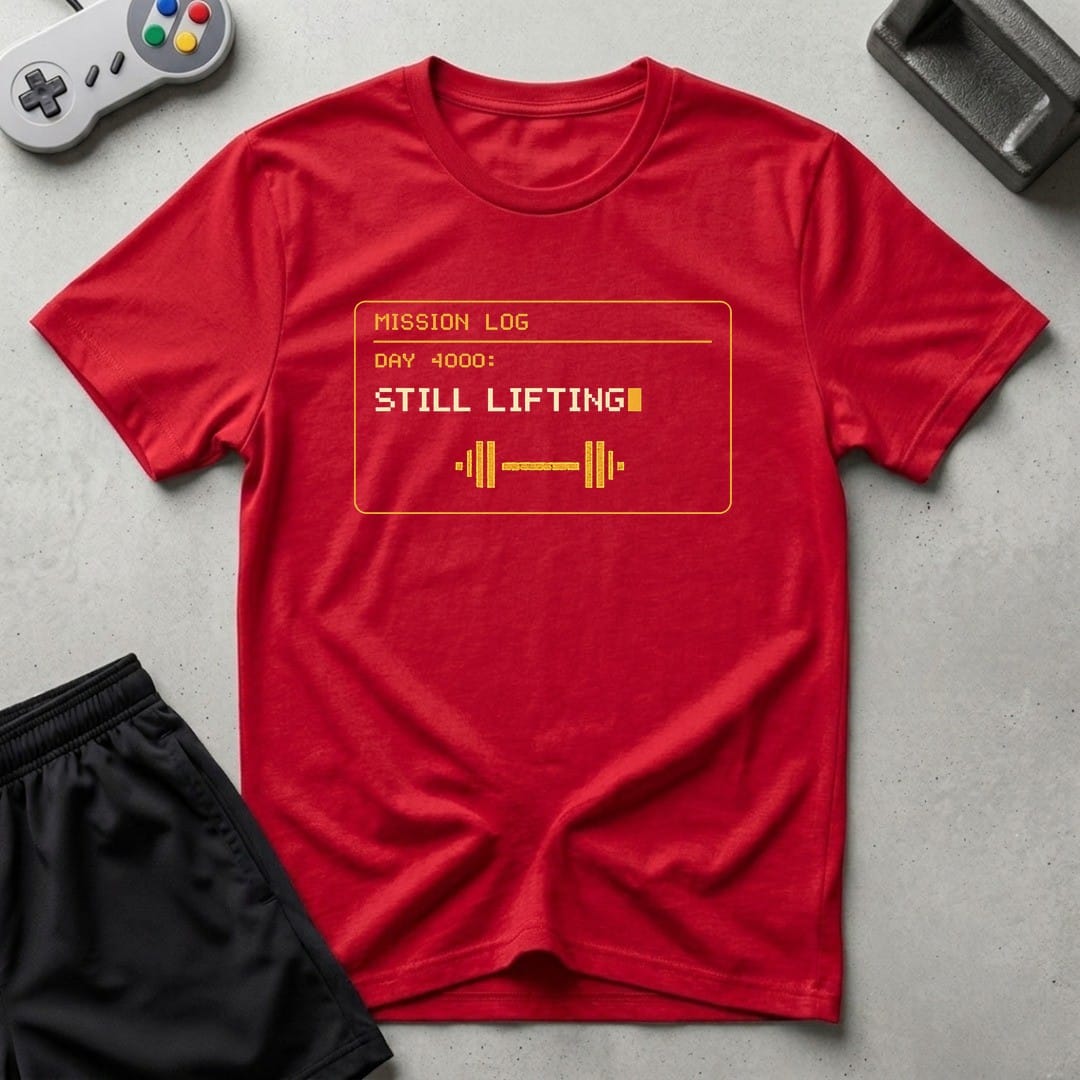 DreamMaker mockup — Mission Log Day 4000 T-Shirt (red)