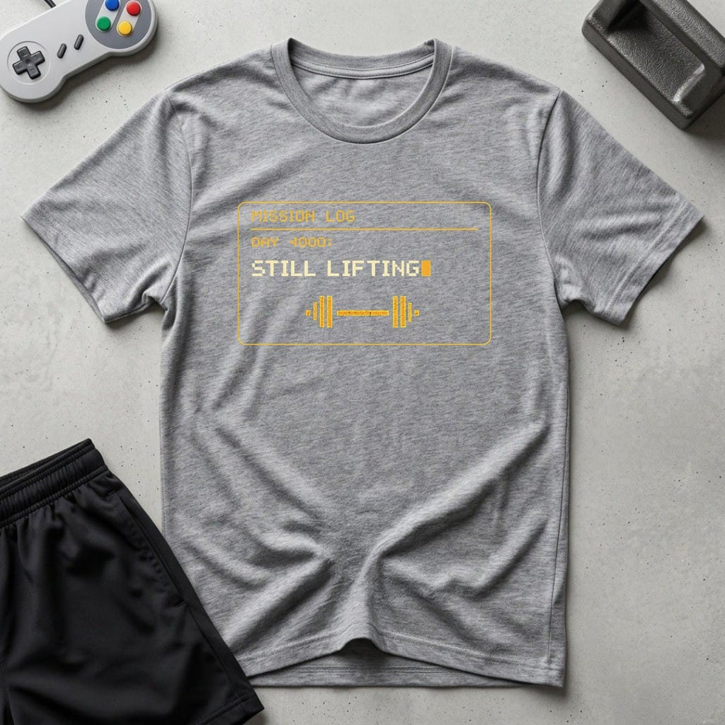 DreamMaker mockup — Mission Log Day 4000 T-Shirt (sport-grey)