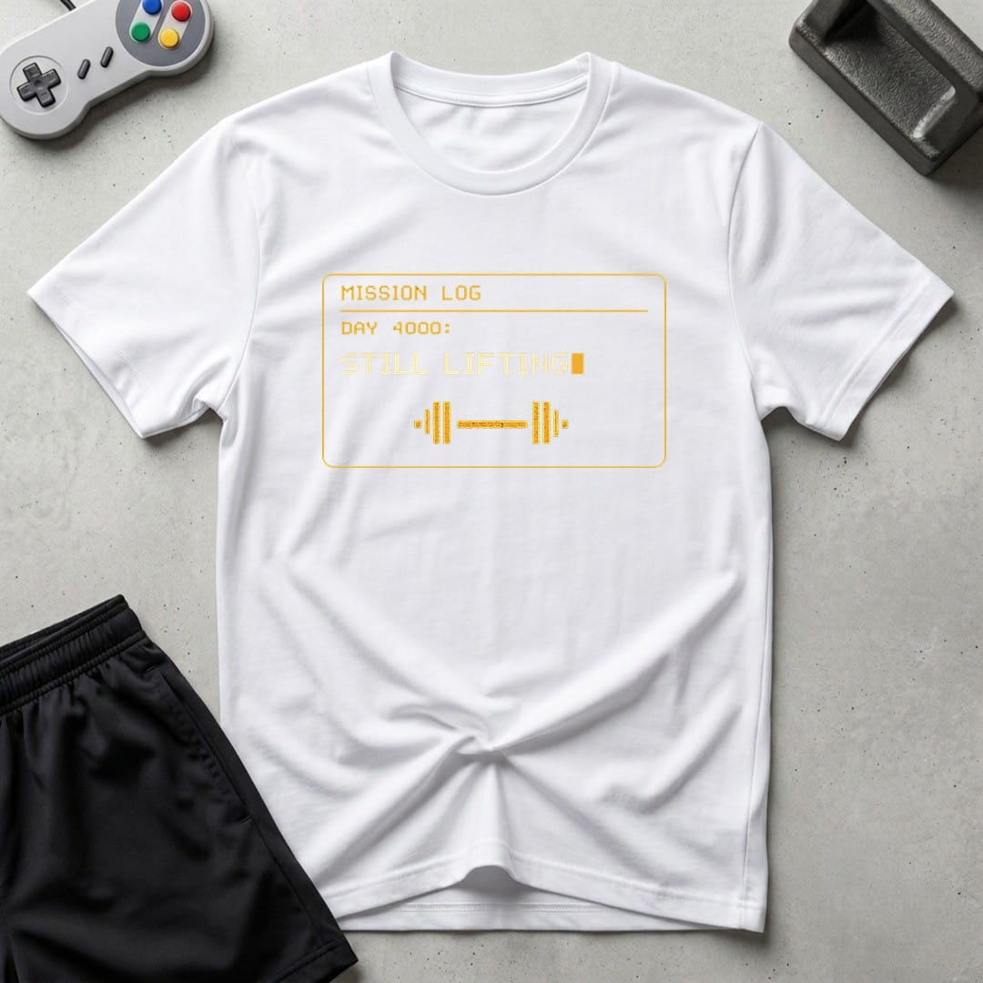 DreamMaker mockup — Mission Log Day 4000 T-Shirt (white)