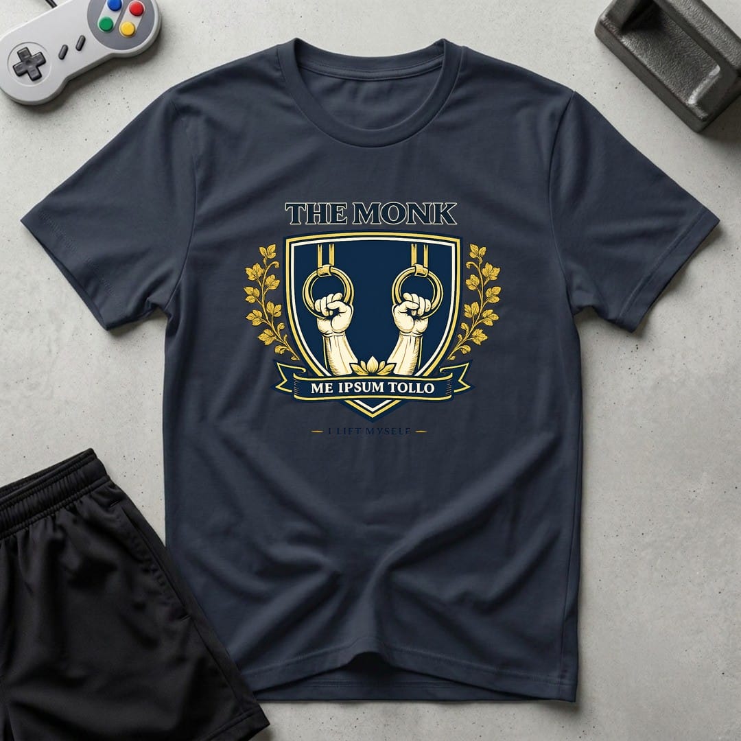 DreamMaker mockup — Monk Crest T-Shirt (navy)